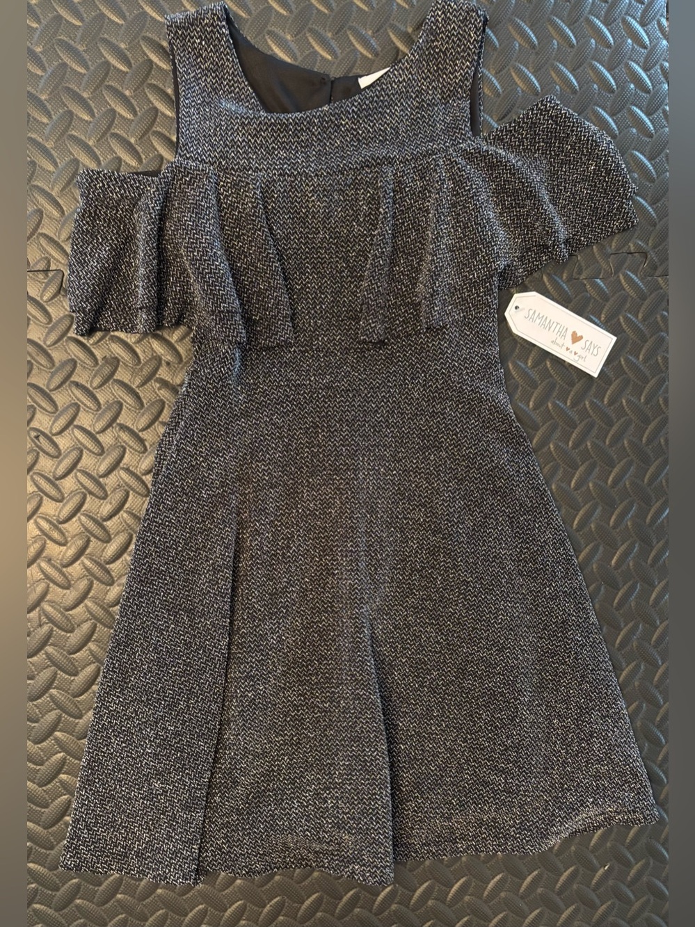 Girls Black Sparkle Cold-Shoulder Fit & Flare Dress, size 8. By Samantha Says